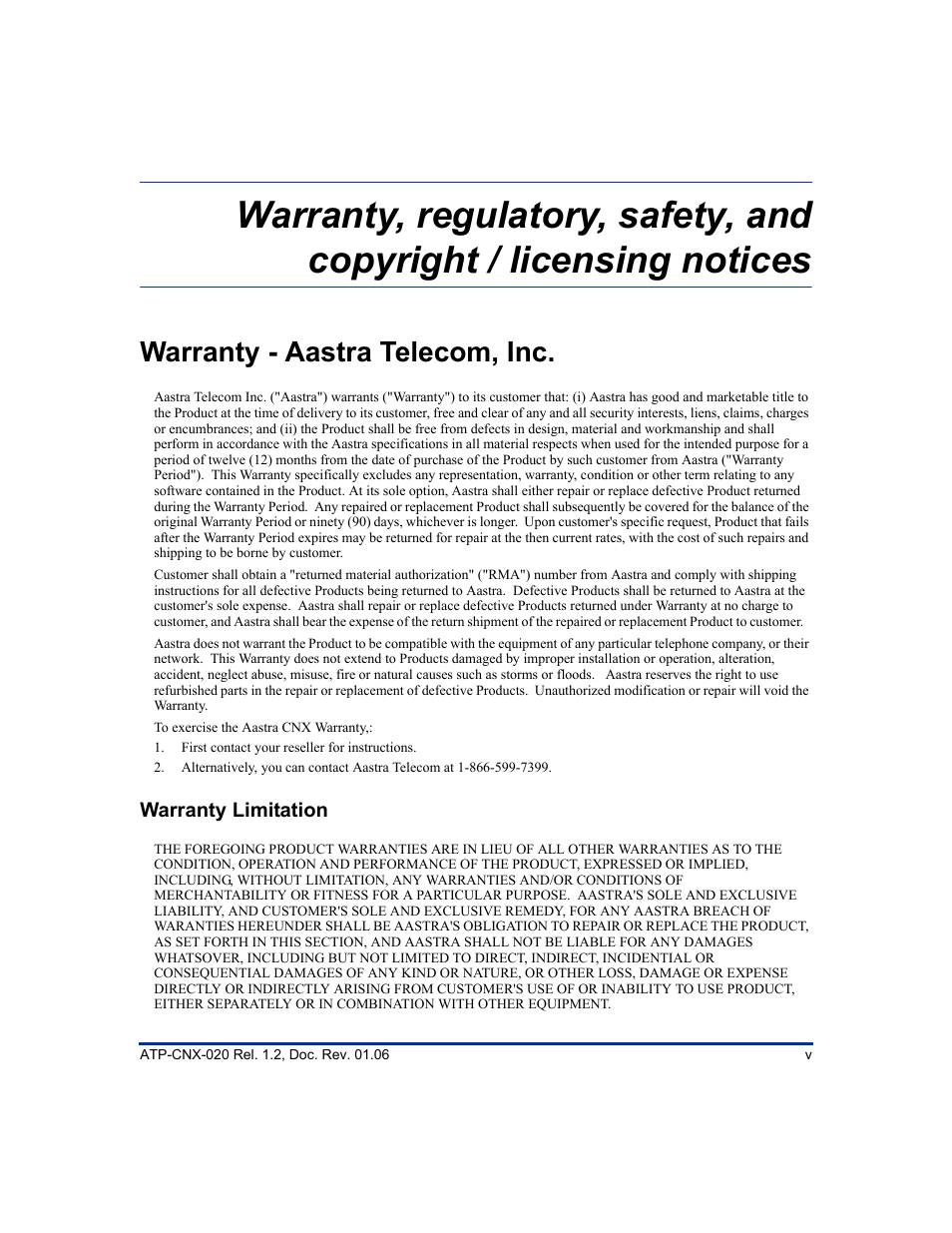 Warranty - aastra telecom, inc, Warranty limitation | Aastra Telecom ATP-CNX-020 User Manual | Page 5 / 32