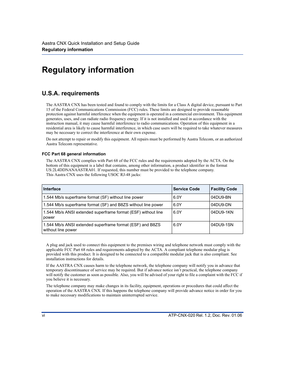 Regulatory information, U.s.a. requirements | Aastra Telecom ATP-CNX-020 User Manual | Page 6 / 32