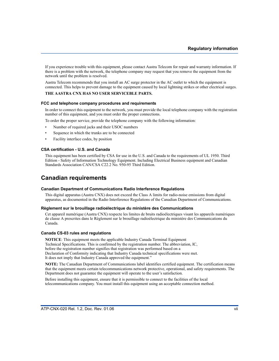 Canadian requirements | Aastra Telecom ATP-CNX-020 User Manual | Page 7 / 32