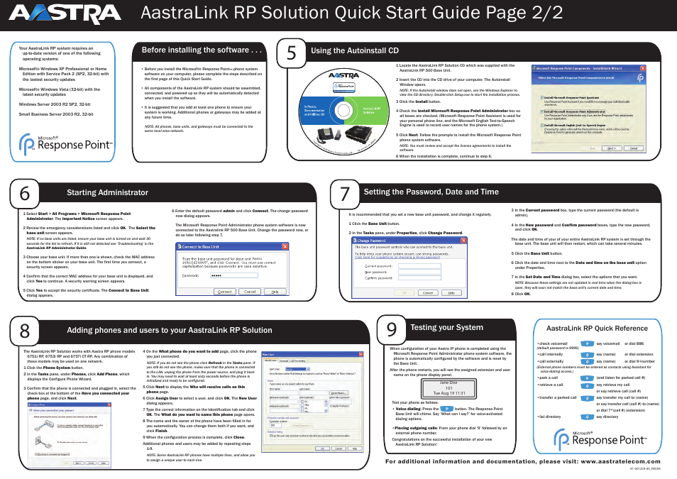 Aastralink rp solution quick start guide page 2/2, Before installing the software, Using the autoinstall cd | Setting the password, date and time, Starting administrator, Testing your system, Aastralink rp quick reference | Aastra Telecom AastraLink RP 6751i RP User Manual | Page 2 / 2