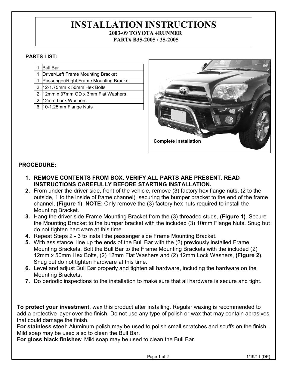 Aries Automotive B35-2005 User Manual | 2 pages