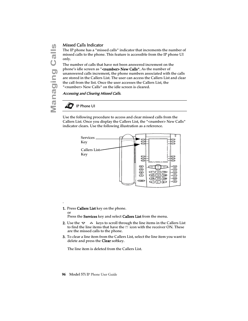 Missed calls indicator, Managing calls | Aastra Telecom 57i IP Phone User Manual | Page 104 / 142