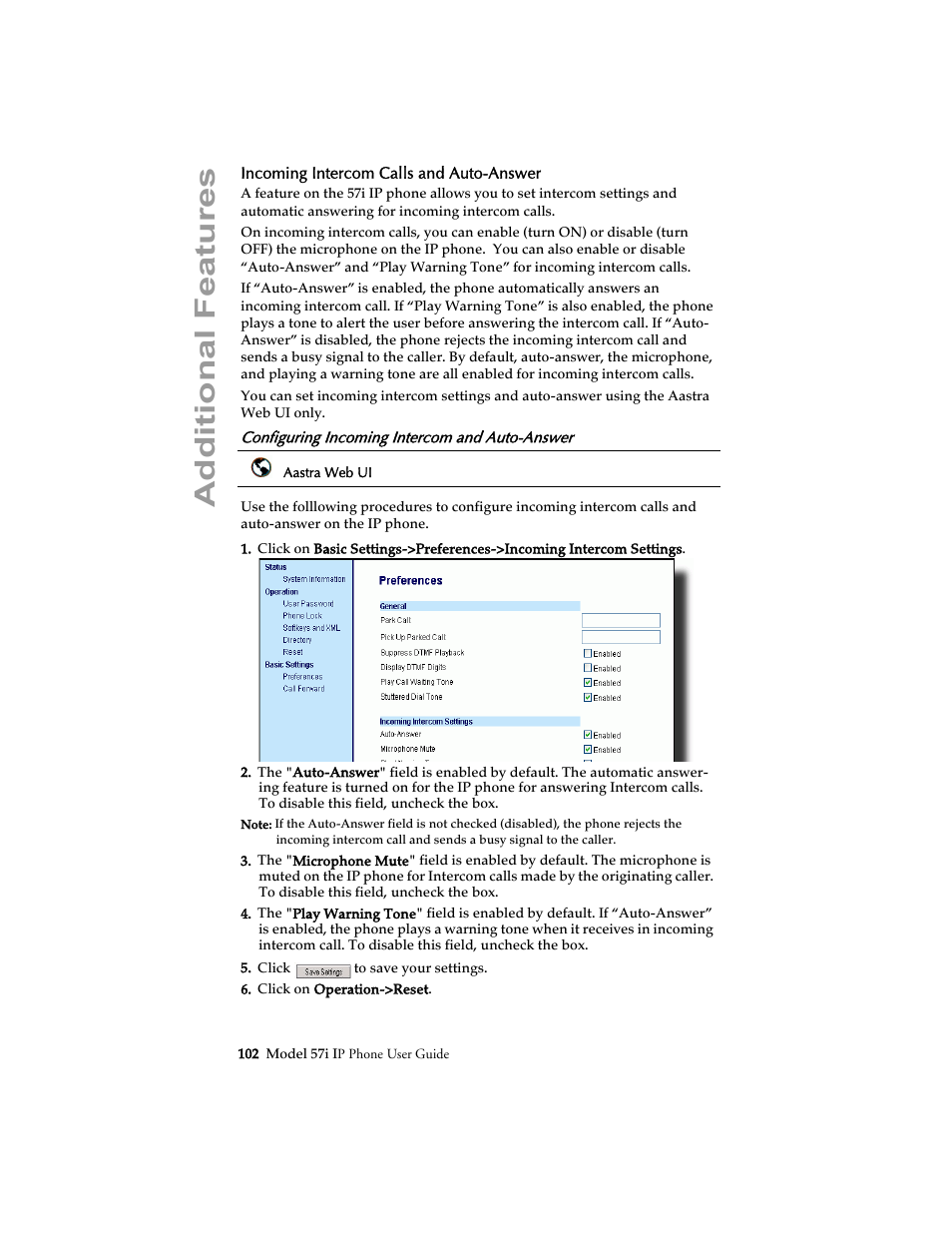 Incoming intercom calls and auto-answer, Configuring incoming intercom and auto-answer, Additional features | Aastra Telecom 57i IP Phone User Manual | Page 110 / 142