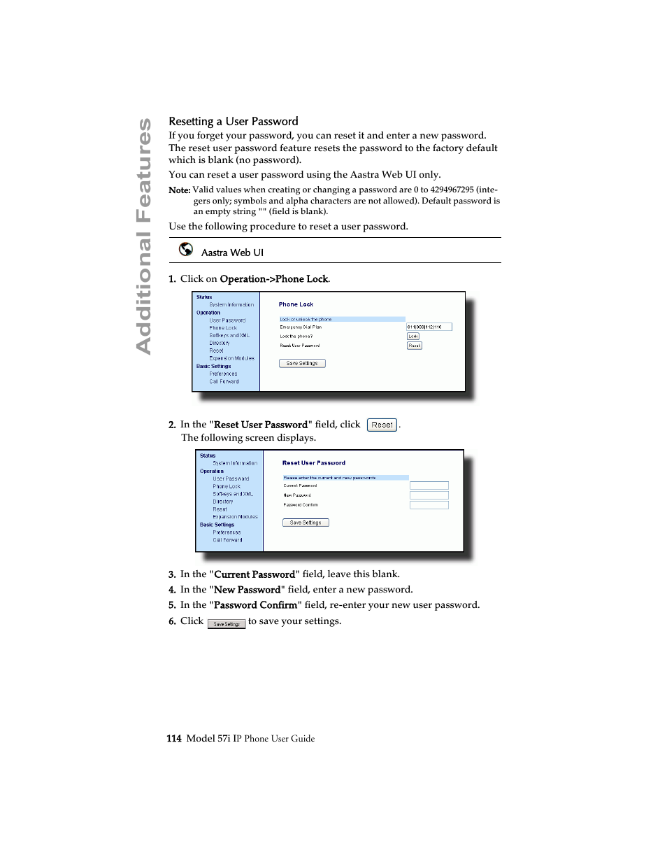 Resetting a user password, Additional features | Aastra Telecom 57i IP Phone User Manual | Page 122 / 142
