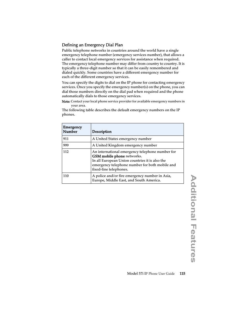 Defining an emergency dial plan, Additional features | Aastra Telecom 57i IP Phone User Manual | Page 123 / 142