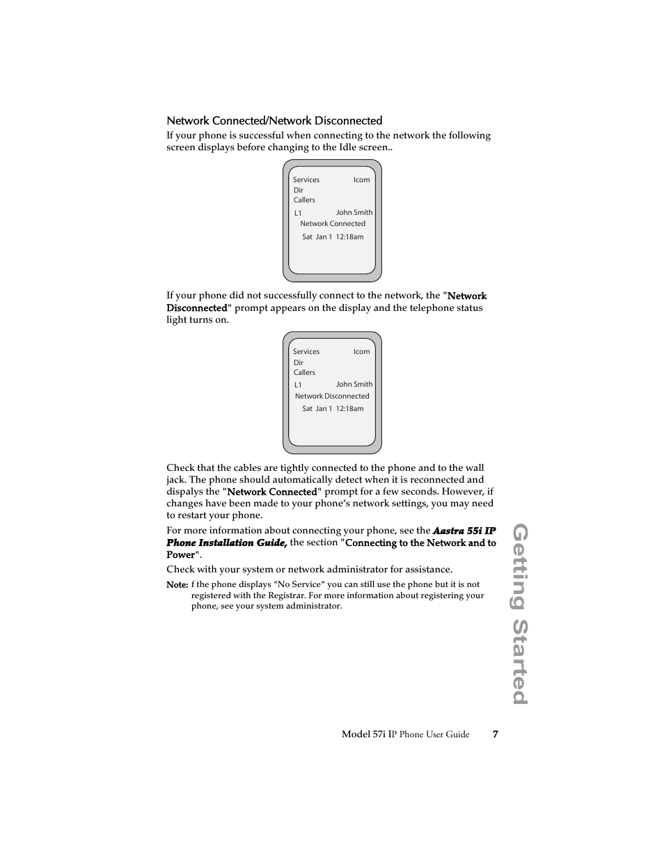 Network connected/network disconnected, Getting started | Aastra Telecom 57i IP Phone User Manual | Page 15 / 142