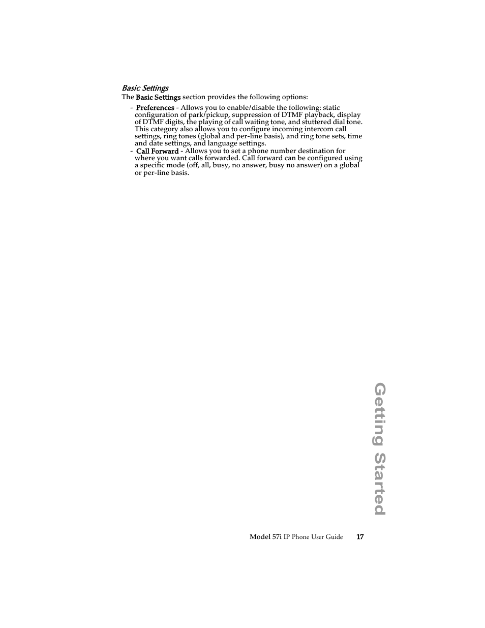 Basic settings, Getting started | Aastra Telecom 57i IP Phone User Manual | Page 25 / 142