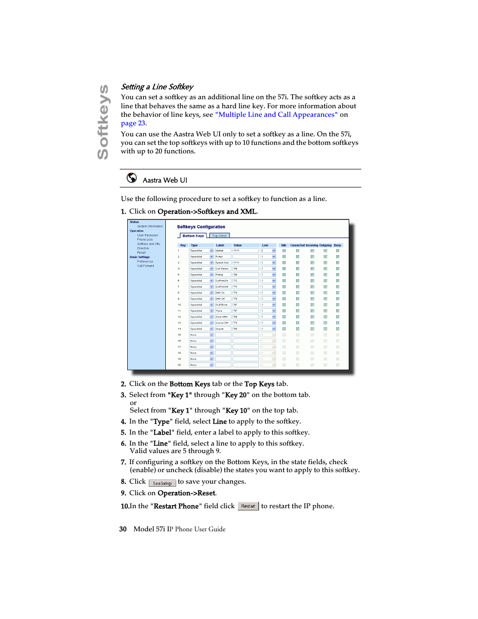 Setting a line softkey, Softkeys | Aastra Telecom 57i IP Phone User Manual | Page 38 / 142
