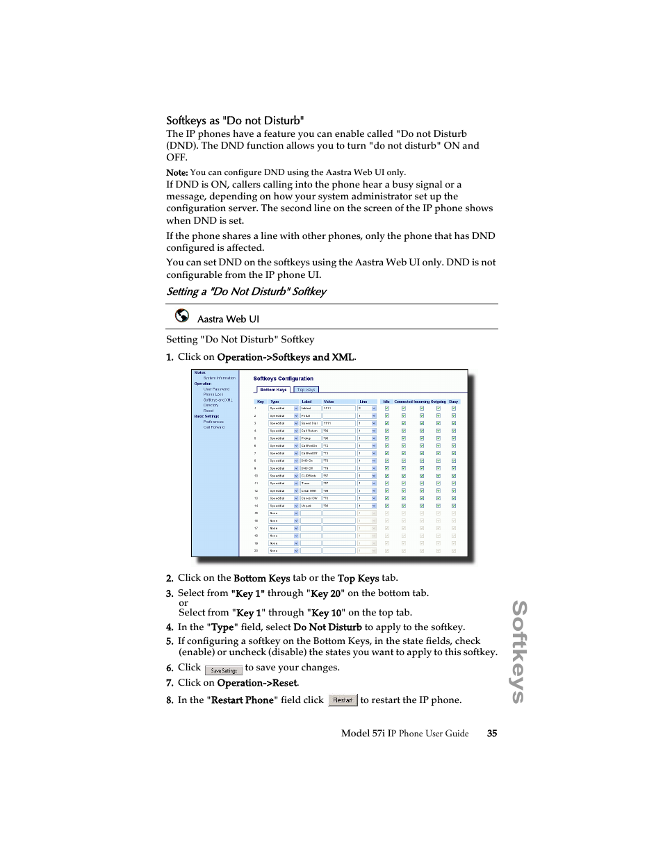 Softkeys as "do not disturb, Setting a "do not disturb" softkey, Softkeys | Aastra Telecom 57i IP Phone User Manual | Page 43 / 142