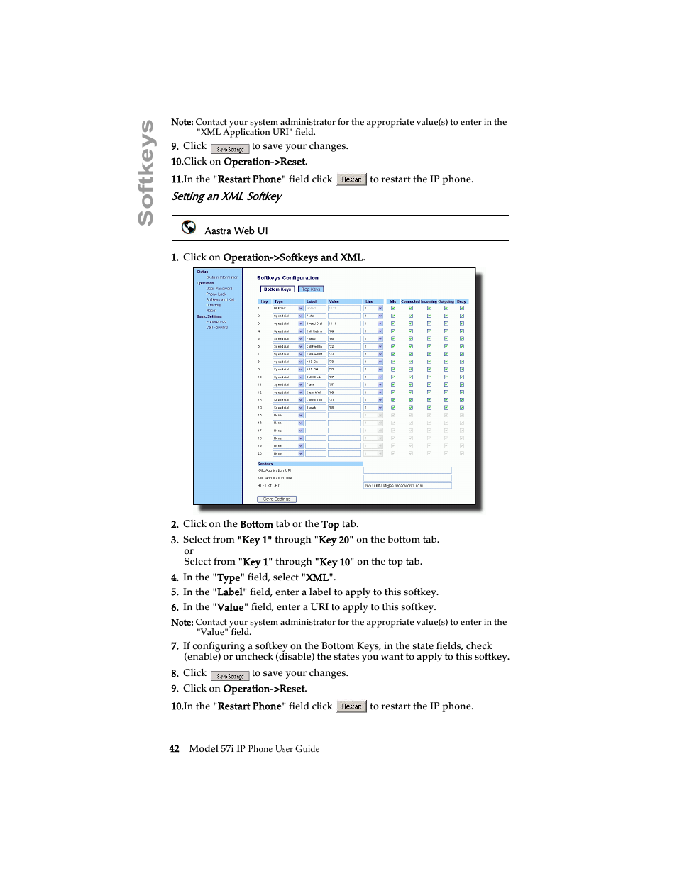 Setting an xml softkey, Softkeys | Aastra Telecom 57i IP Phone User Manual | Page 50 / 142