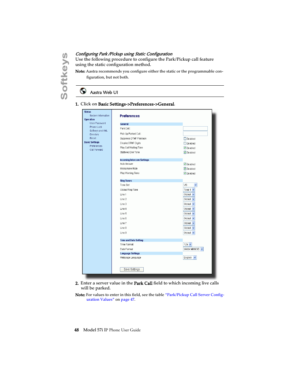 Softkeys | Aastra Telecom 57i IP Phone User Manual | Page 56 / 142