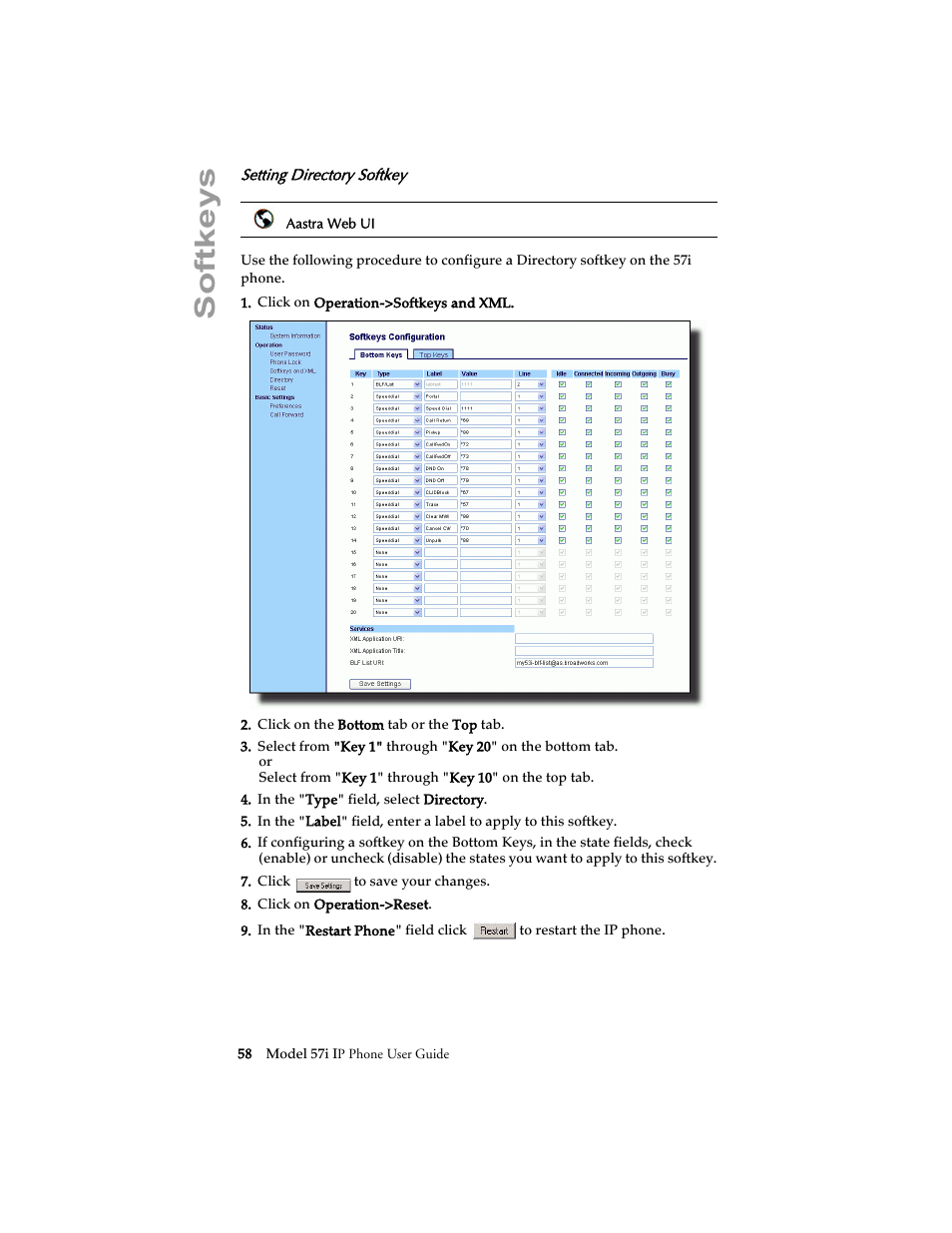 Setting directory softkey, Softkeys | Aastra Telecom 57i IP Phone User Manual | Page 66 / 142