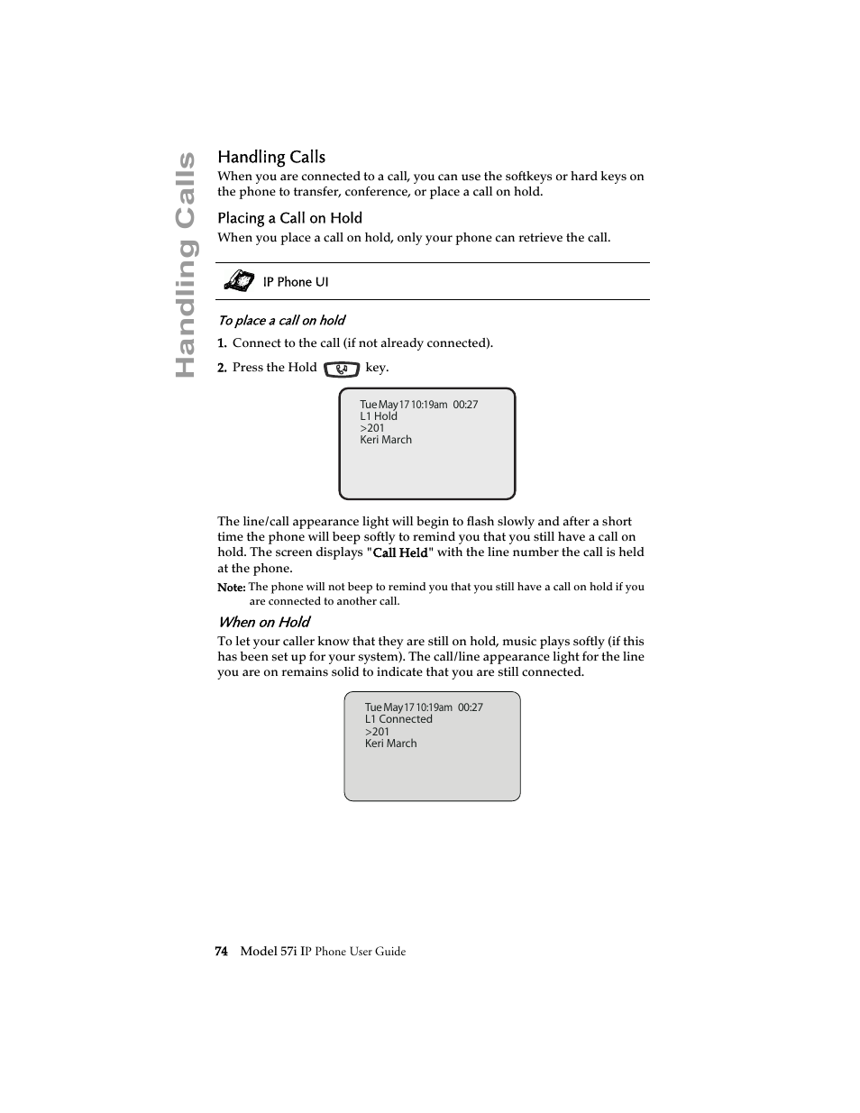 Handling calls, Placing a call on hold, When on hold | Aastra Telecom 57i IP Phone User Manual | Page 82 / 142