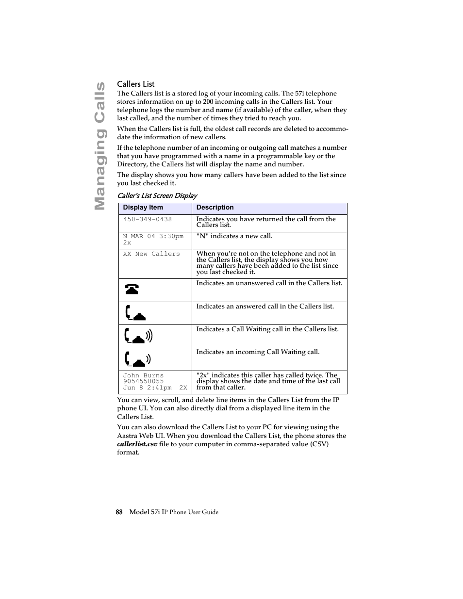 Callers list, Managing calls | Aastra Telecom 57i IP Phone User Manual | Page 96 / 142