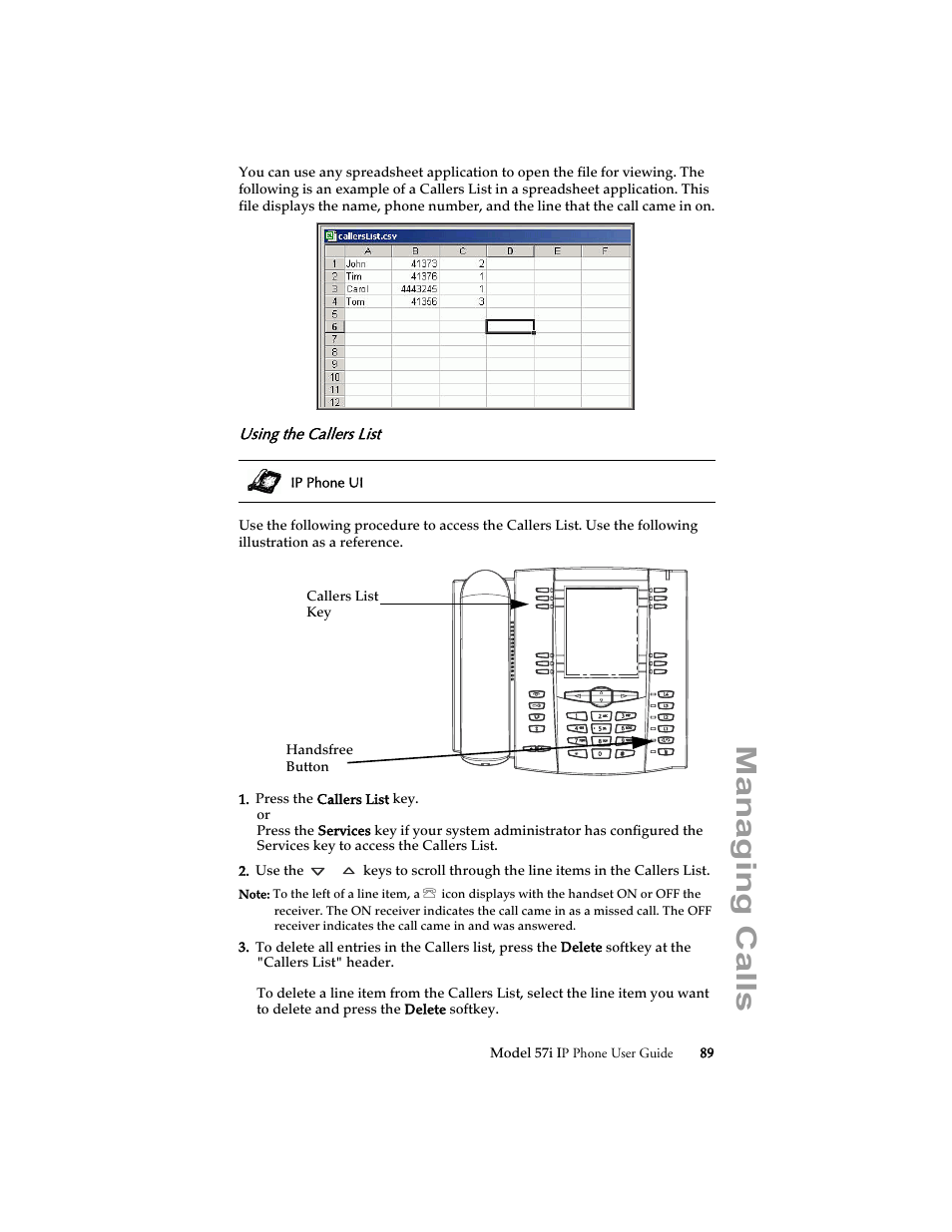 Using the callers list, Managing calls | Aastra Telecom 57i IP Phone User Manual | Page 97 / 142