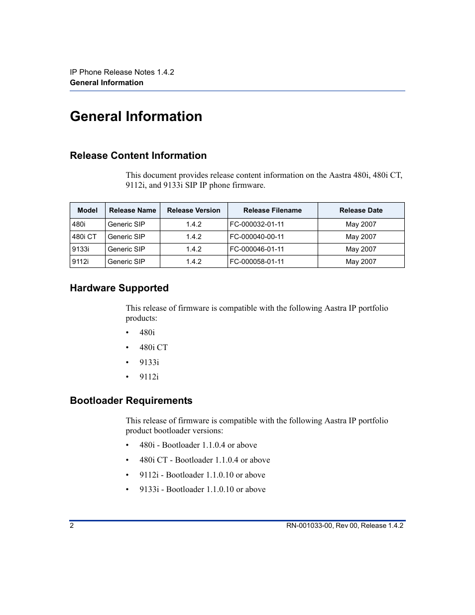 General information, Release content information, Hardware supported | Bootloader requirements, General i, Releas | Aastra Telecom 480i CT (Release 1.4.2) User Manual | Page 6 / 18