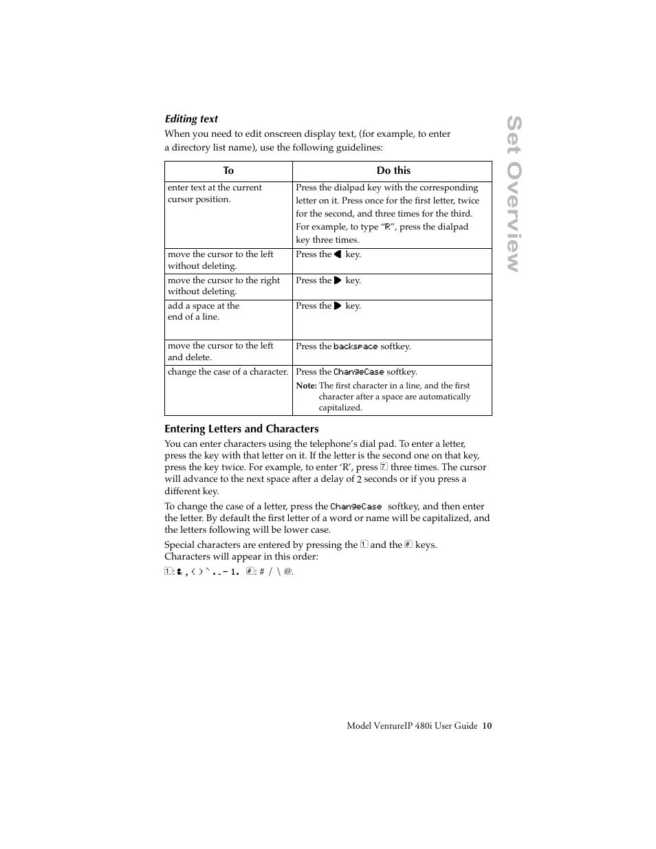 Entering letters and characters, Set overview | Aastra Telecom VentureIP User Manual | Page 13 / 48