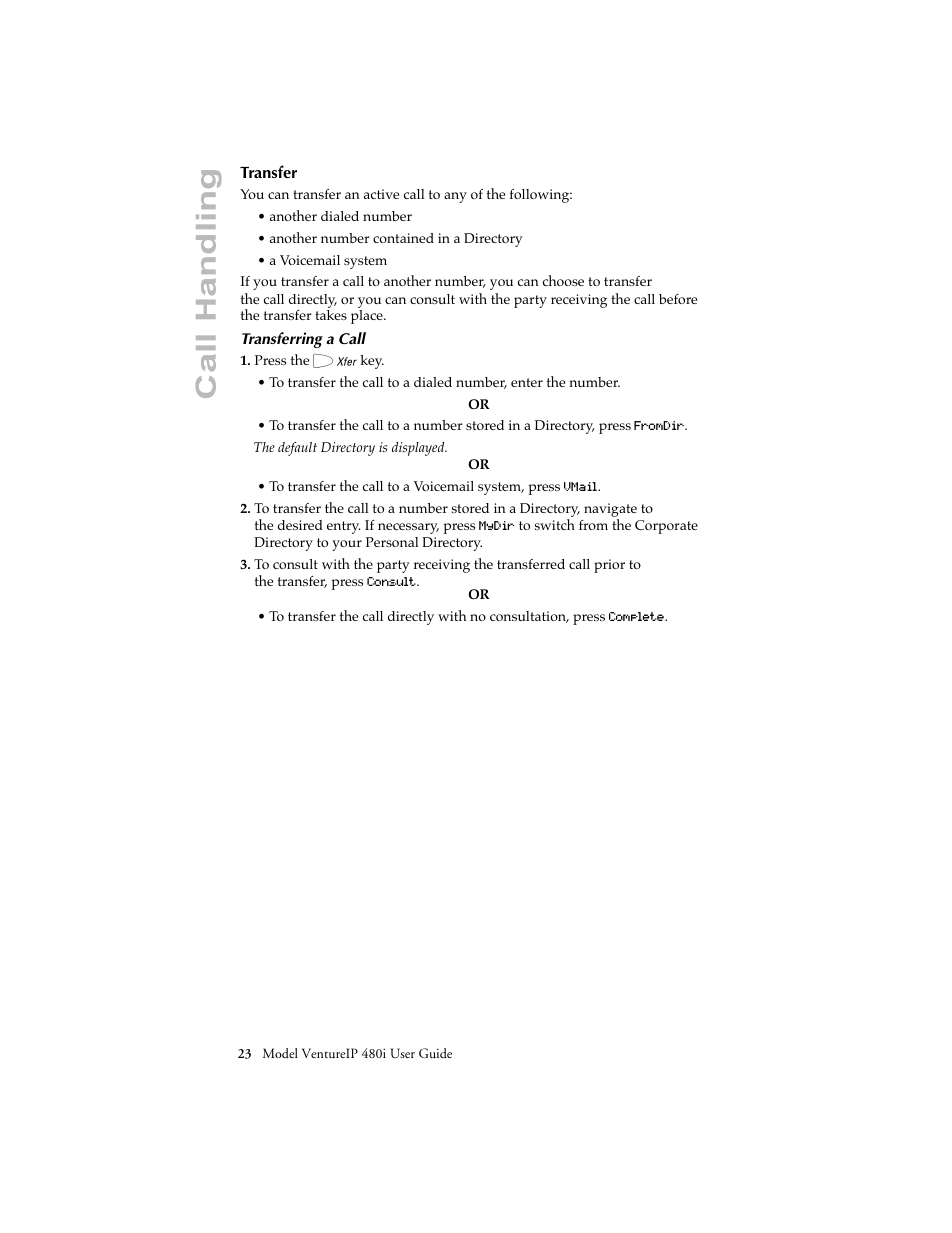 Transfer, Call handling | Aastra Telecom VentureIP User Manual | Page 26 / 48