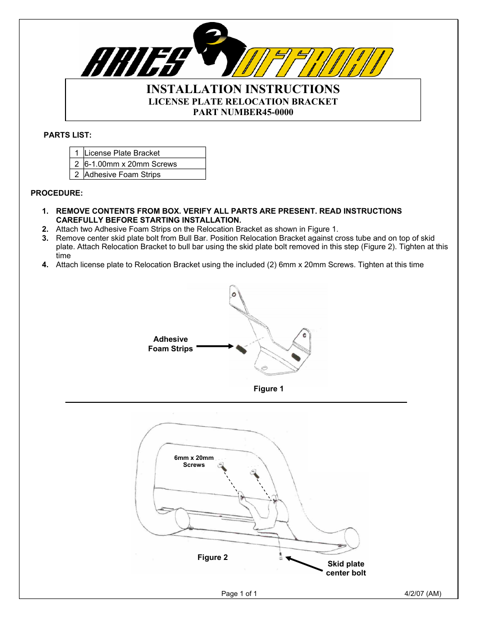 Aries Automotive 45-0000 User Manual | 1 page