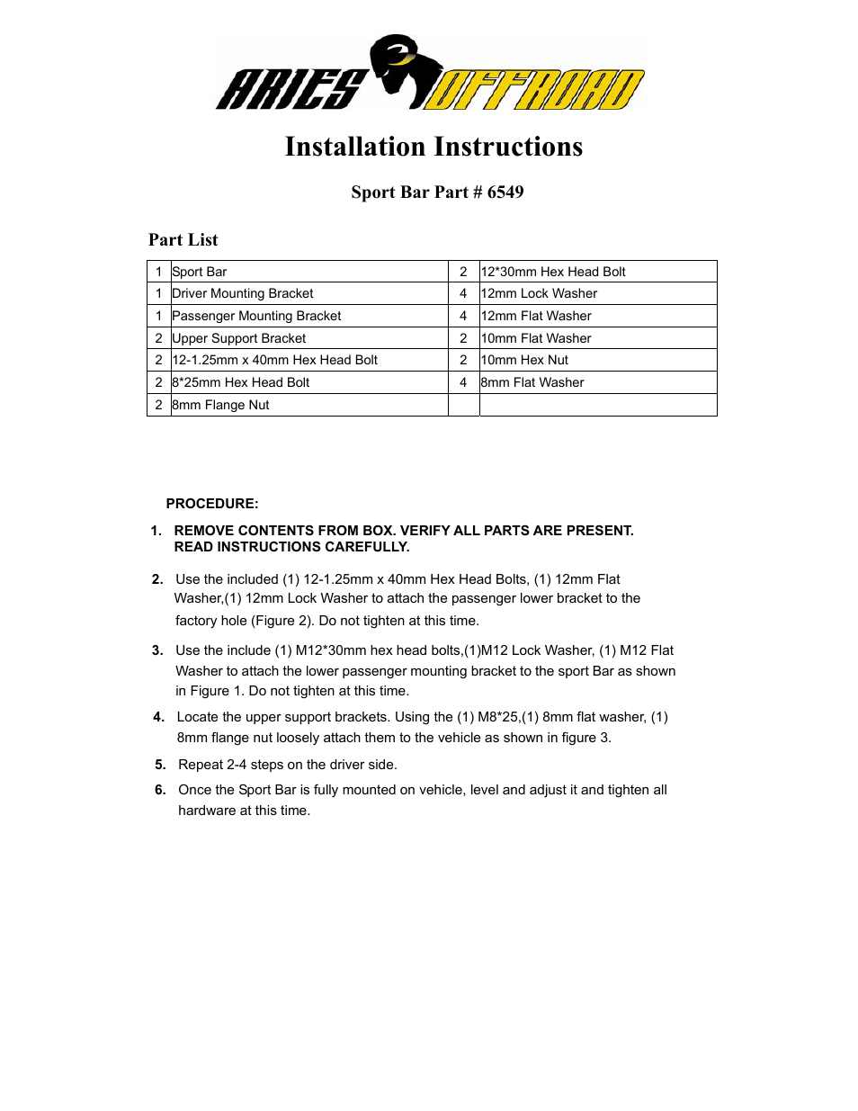 Aries Automotive 6549 User Manual | 2 pages