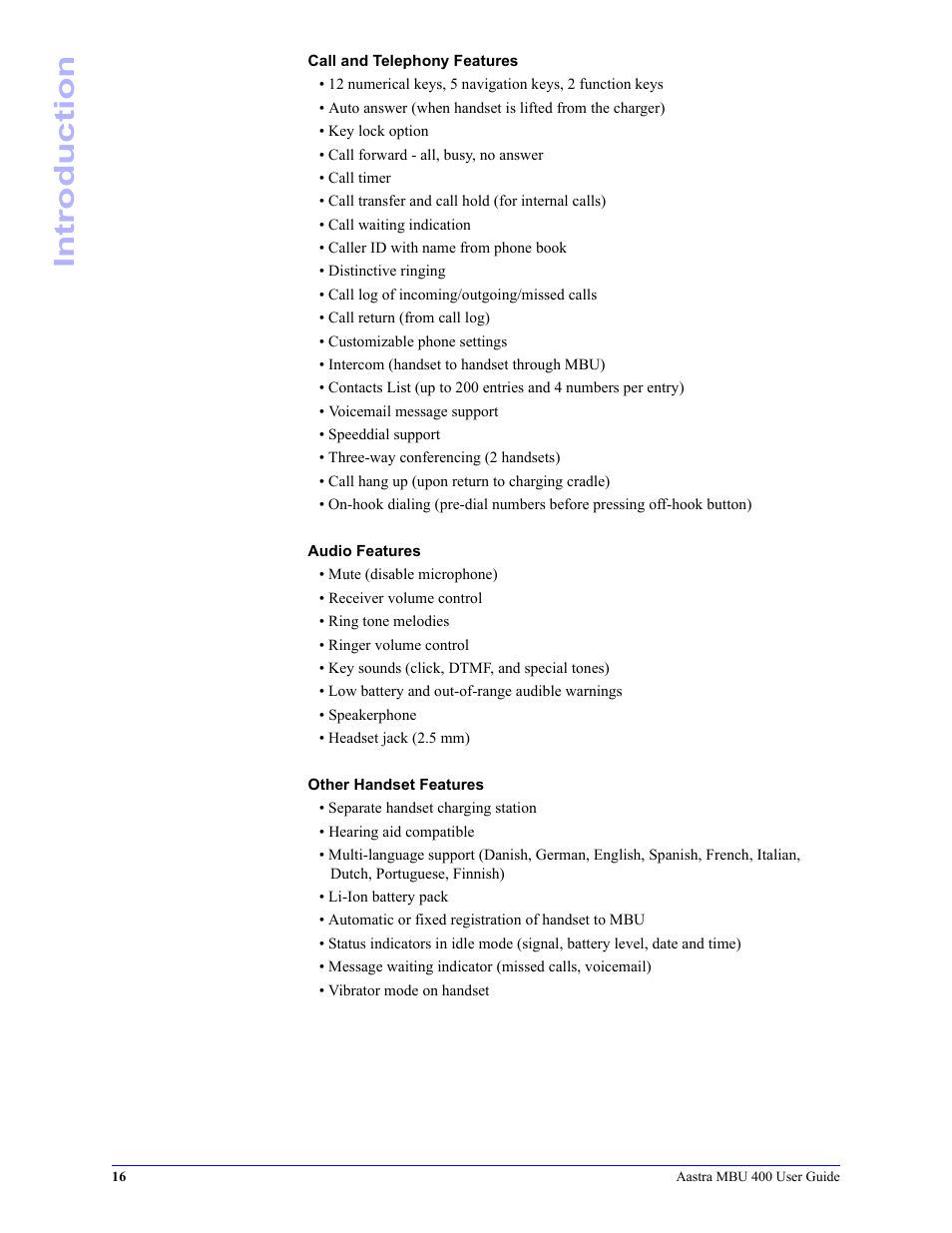 Introduction | Aastra Telecom MBU 400 41-001286-00 User Manual | Page 16 / 72