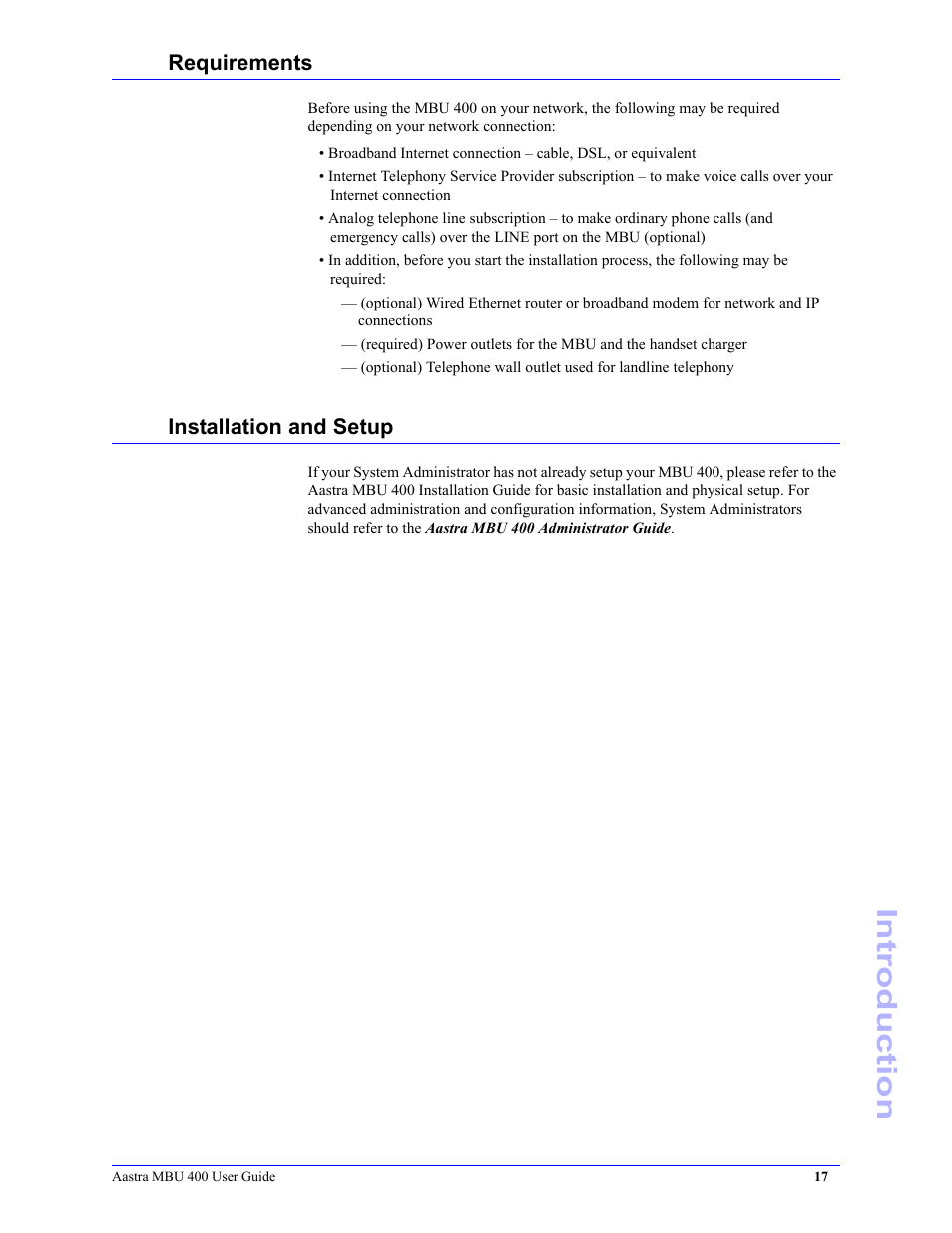 Requirements, Installation and setup, Requirements installation and setup | Introduction | Aastra Telecom MBU 400 41-001286-00 User Manual | Page 17 / 72