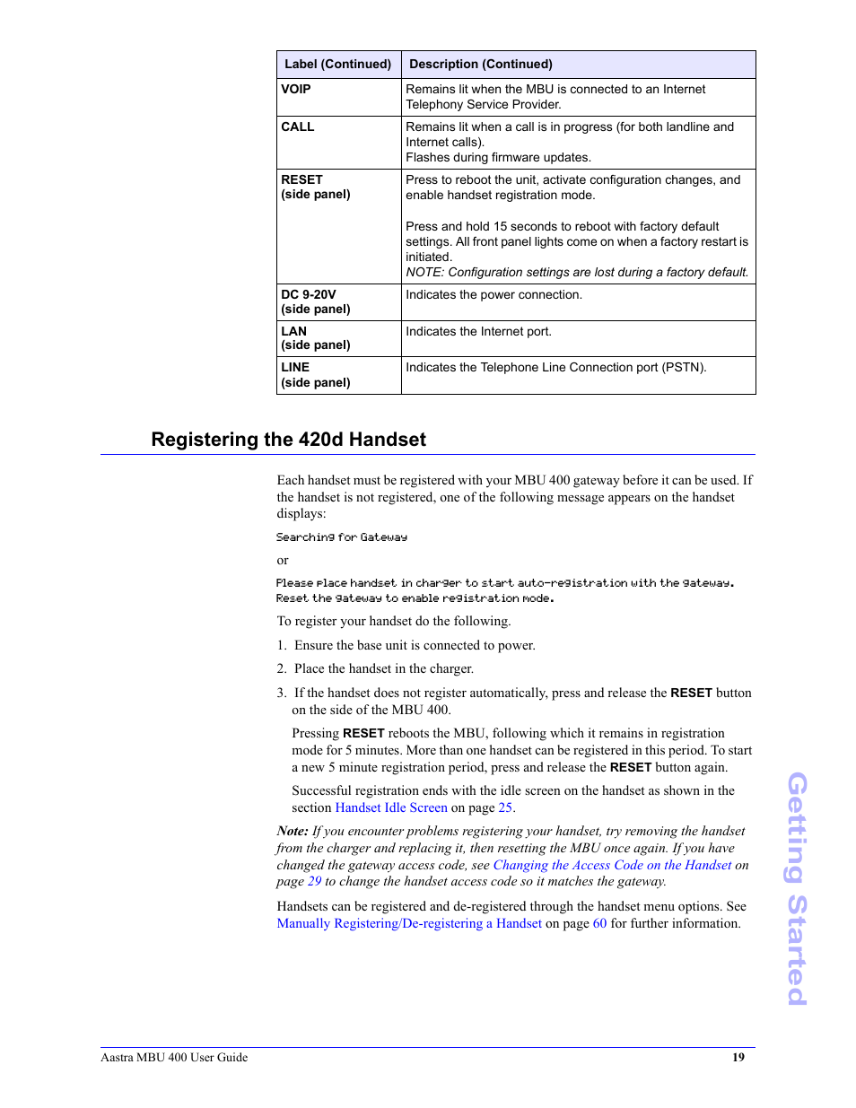 Registering the 420d handset, Getting started | Aastra Telecom MBU 400 41-001286-00 User Manual | Page 19 / 72