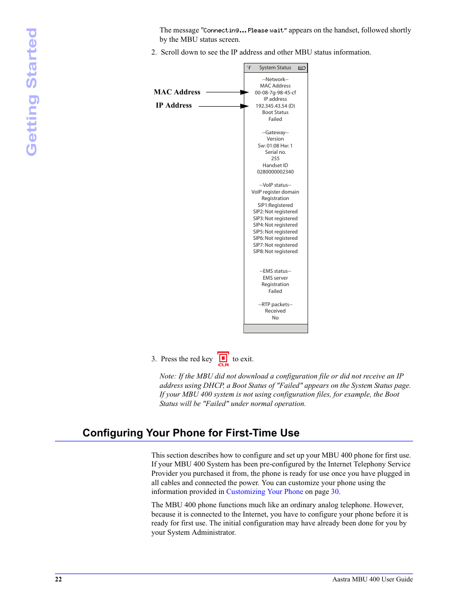 Configuring your phone for first-time use, Configuring, Your phone for first-time use | Getting started | Aastra Telecom MBU 400 41-001286-00 User Manual | Page 22 / 72