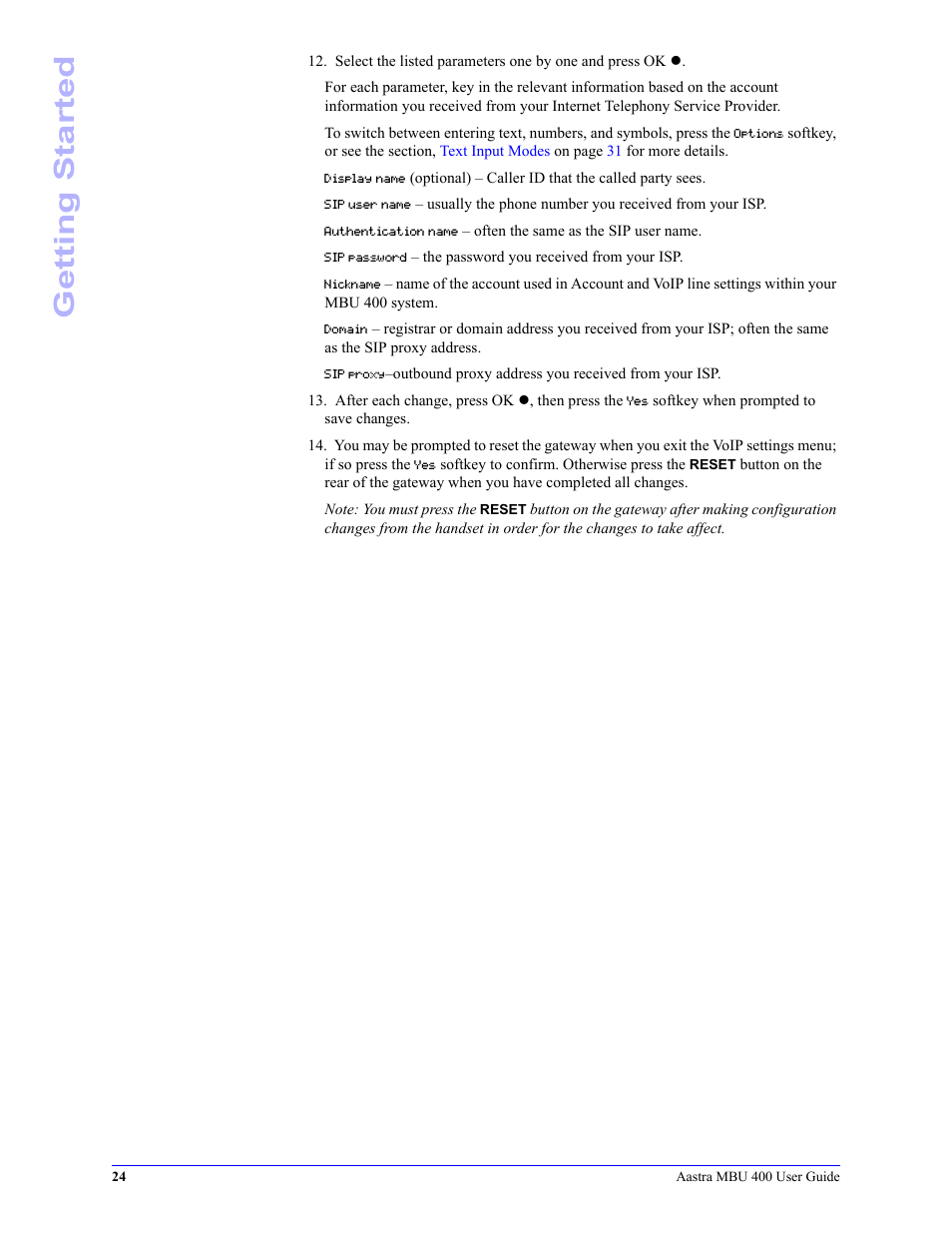 Getting started | Aastra Telecom MBU 400 41-001286-00 User Manual | Page 24 / 72