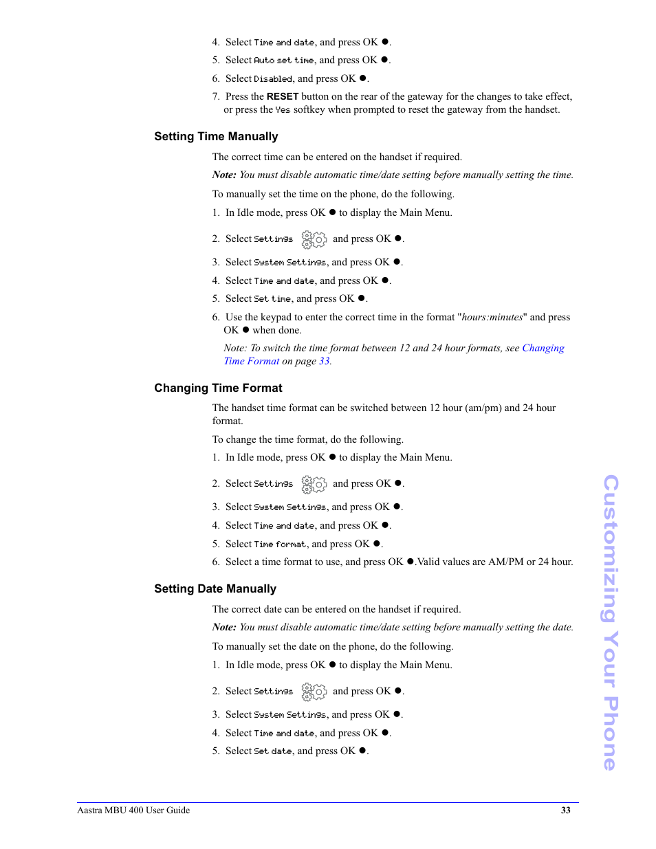 Setting time manually, Changing time format, Setting date manually | Customizing your phone | Aastra Telecom MBU 400 41-001286-00 User Manual | Page 33 / 72