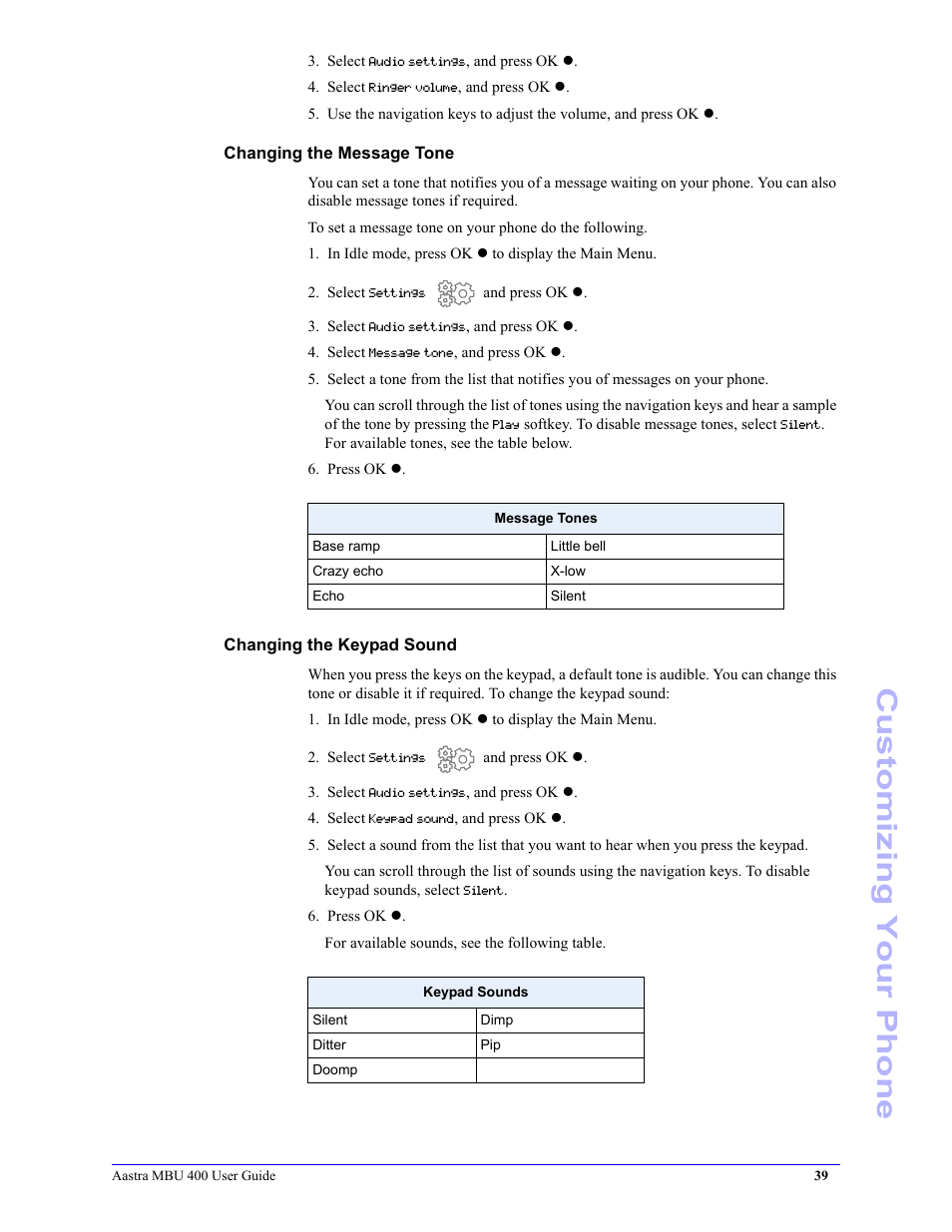 Changing the message tone, Changing the keypad sound, Customizing your phone | Aastra Telecom MBU 400 41-001286-00 User Manual | Page 39 / 72