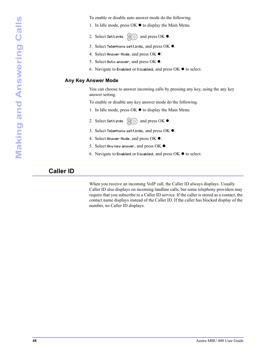 Any key answer mode, Caller id, Making and answering calls | Aastra Telecom MBU 400 41-001286-00 User Manual | Page 48 / 72