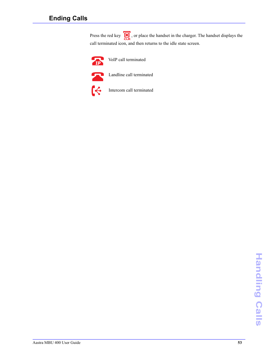 Ending calls, Handling calls | Aastra Telecom MBU 400 41-001286-00 User Manual | Page 53 / 72