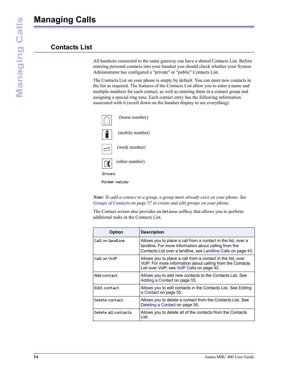 Managing calls, Contacts list, Information, see | Aastra Telecom MBU 400 41-001286-00 User Manual | Page 54 / 72