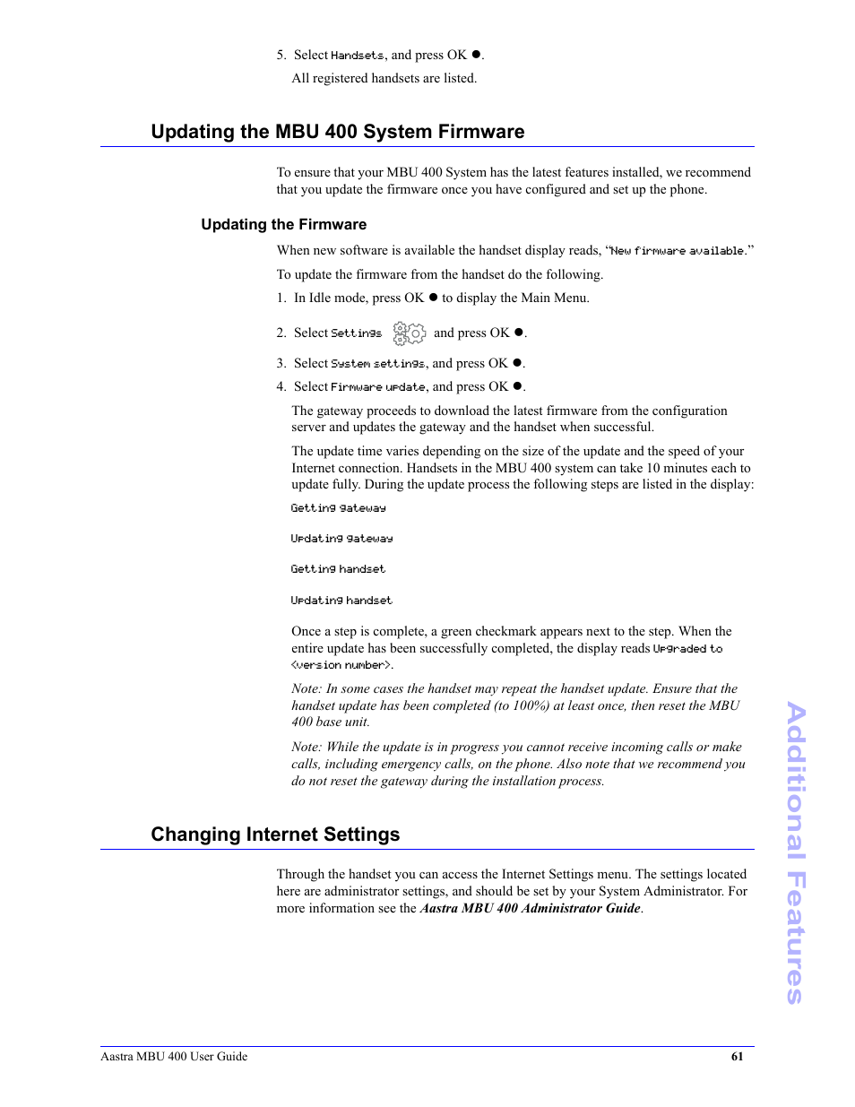 Updating the mbu 400 system firmware, Updating the firmware, Changing internet settings | Additional features | Aastra Telecom MBU 400 41-001286-00 User Manual | Page 61 / 72