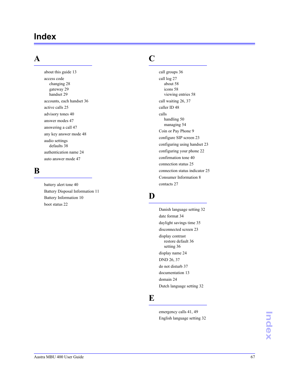 Index, Index a | Aastra Telecom MBU 400 41-001286-00 User Manual | Page 67 / 72
