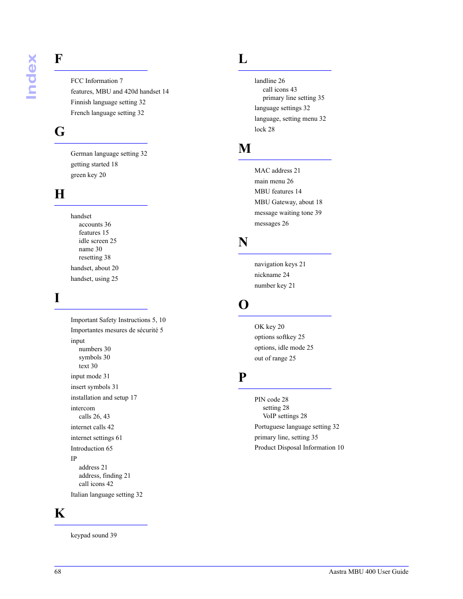 Index | Aastra Telecom MBU 400 41-001286-00 User Manual | Page 68 / 72