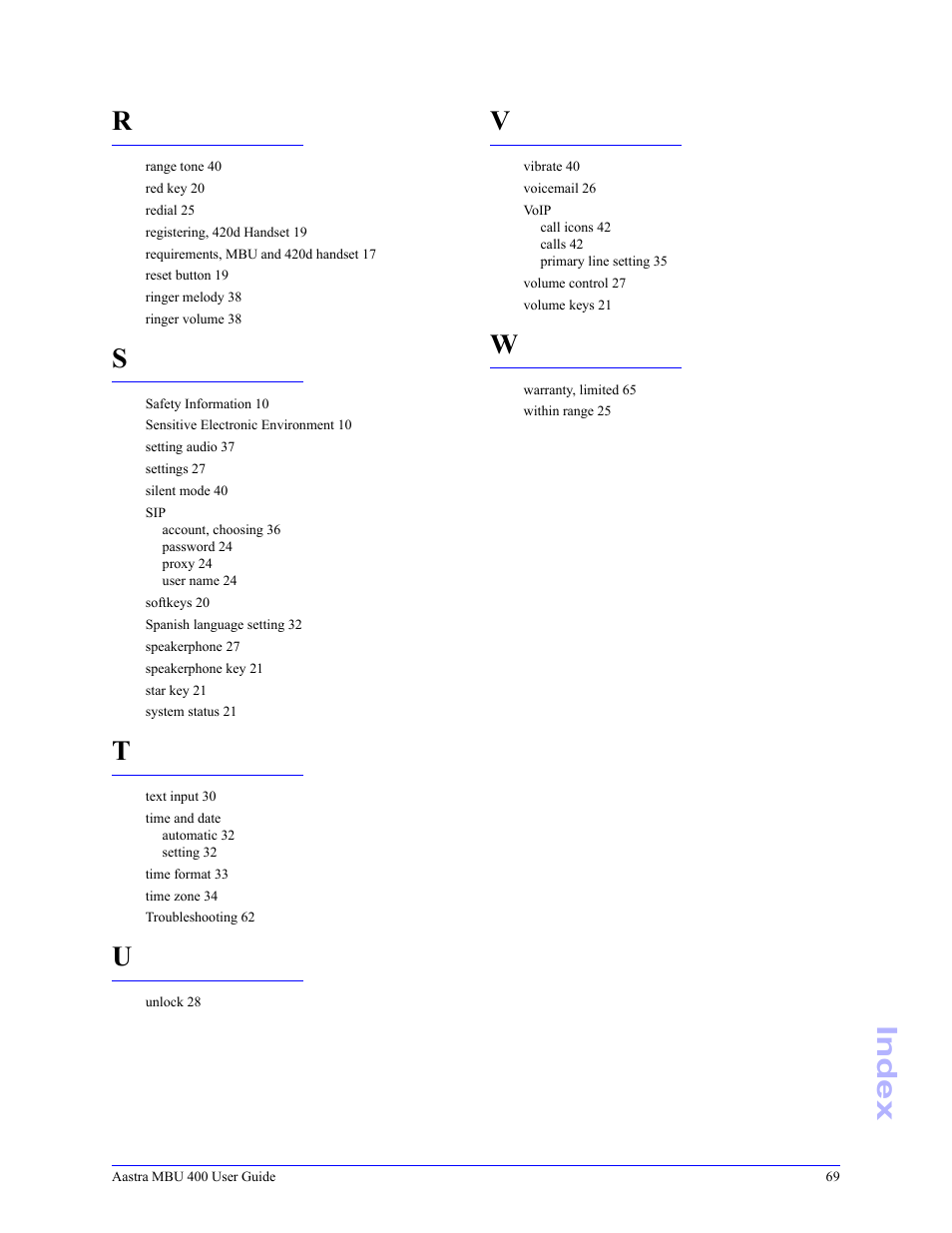 Index | Aastra Telecom MBU 400 41-001286-00 User Manual | Page 69 / 72