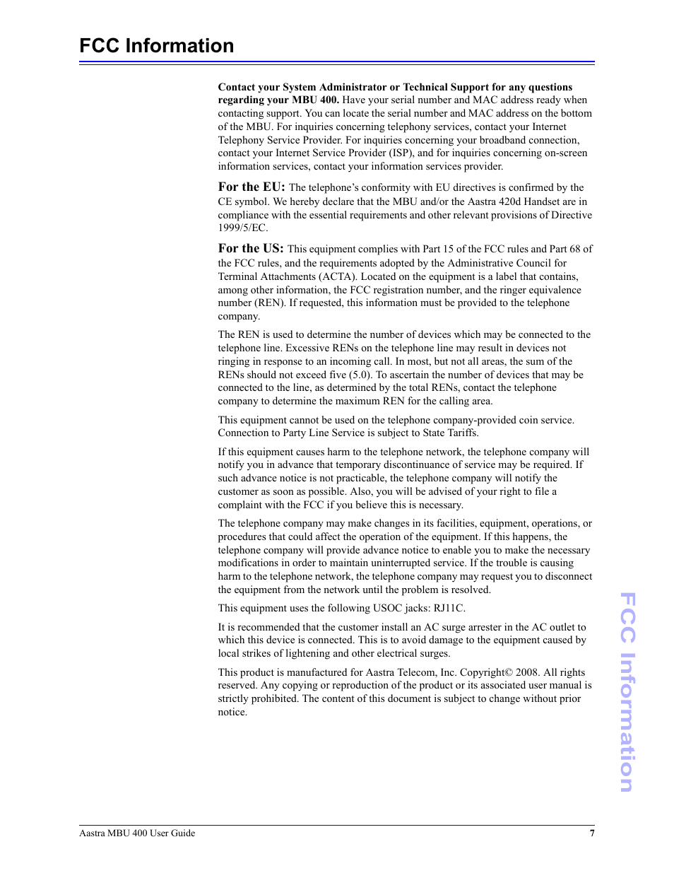 Fcc information | Aastra Telecom MBU 400 41-001286-00 User Manual | Page 7 / 72