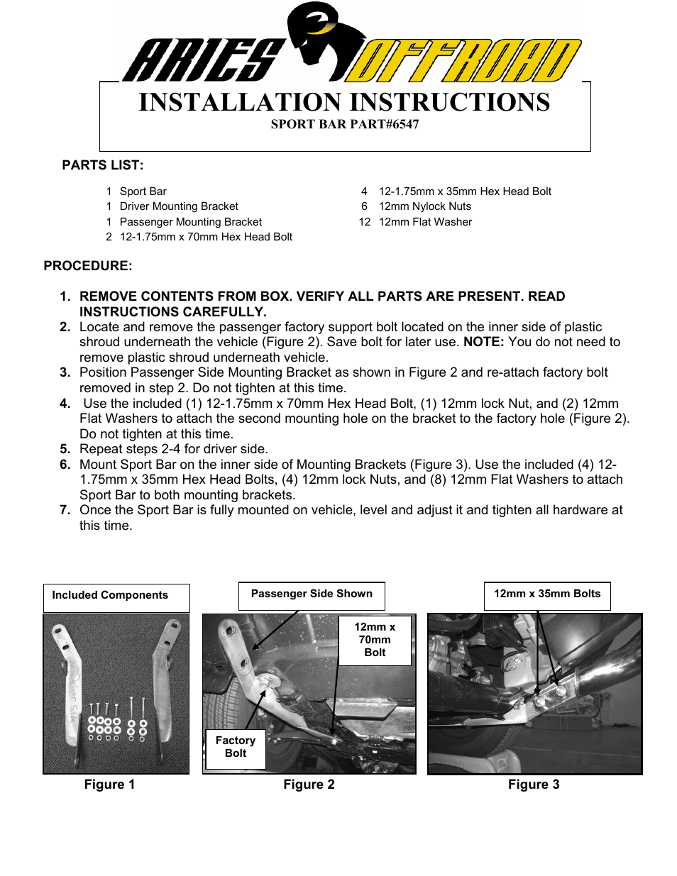 Aries Automotive 6547 User Manual | 1 page