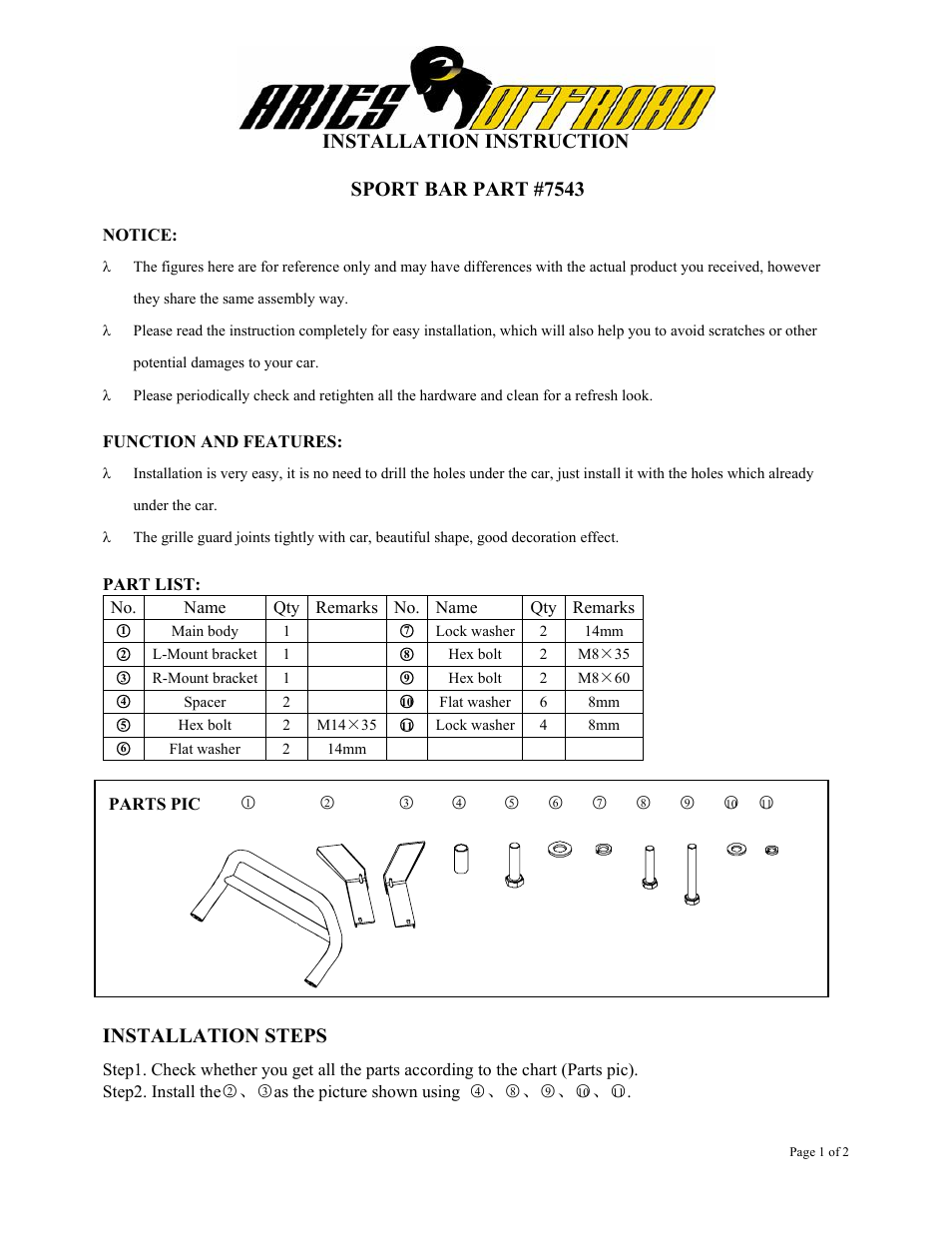 Aries Automotive 7543 User Manual | 2 pages