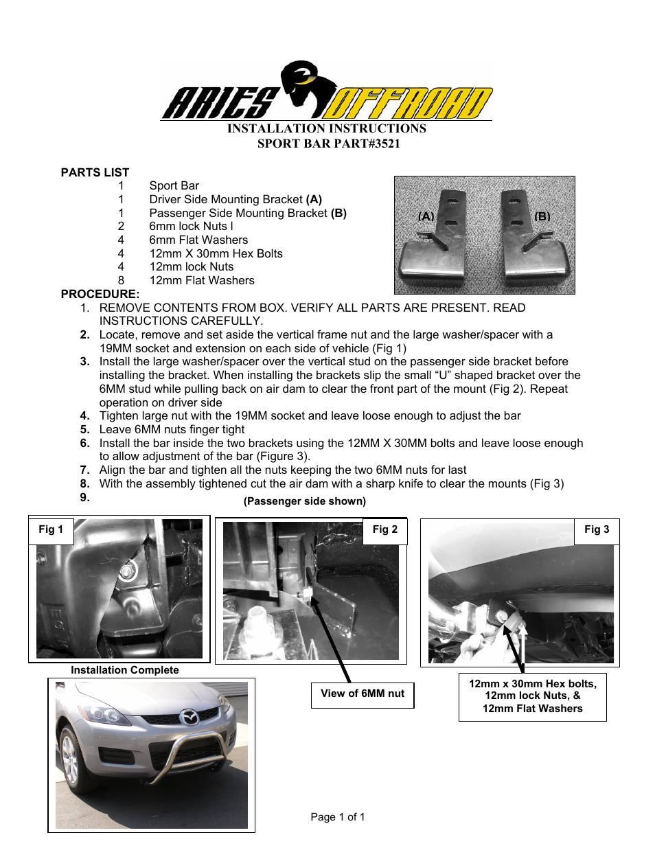 Aries Automotive 3521 User Manual | 1 page