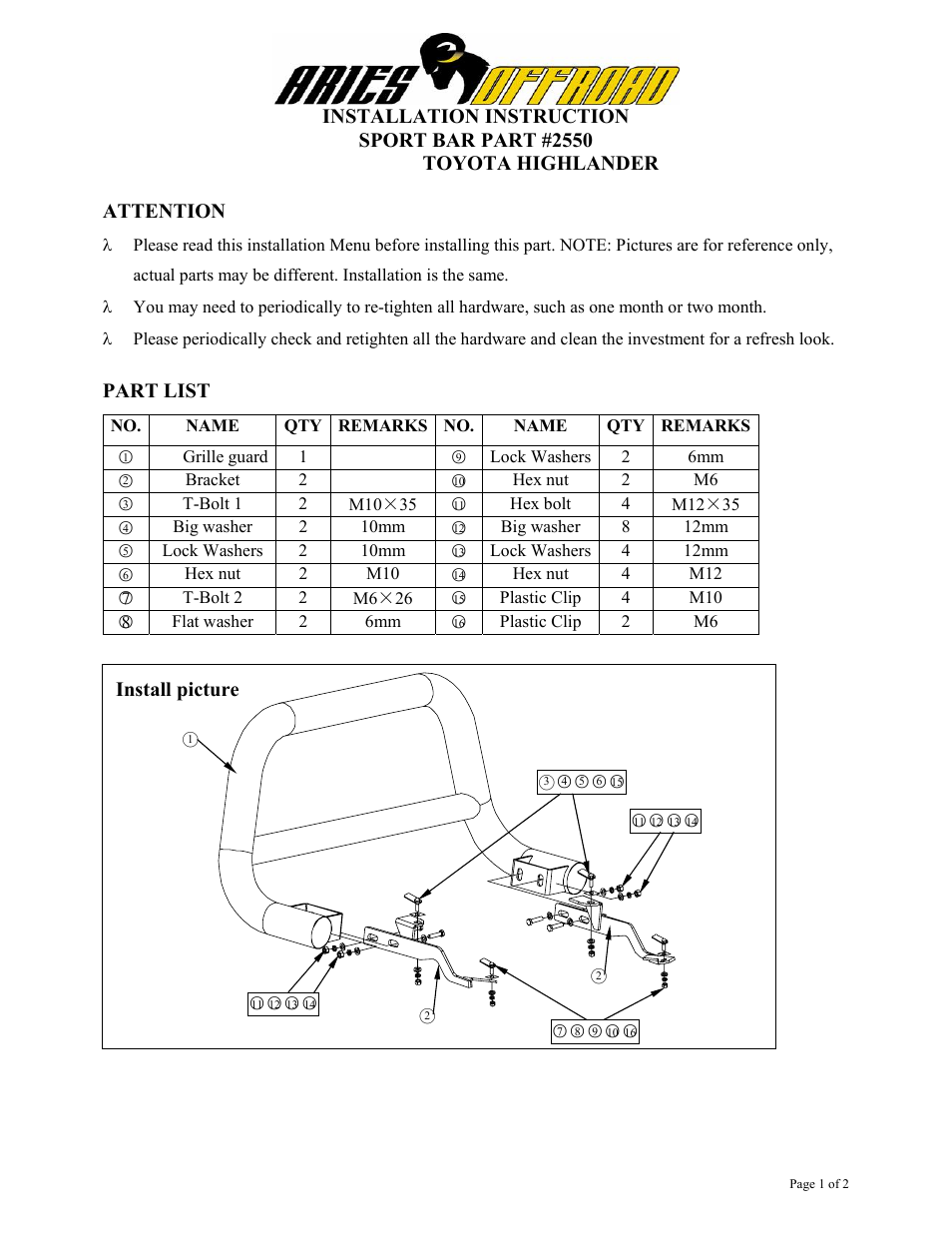 Aries Automotive 2550 User Manual | 2 pages