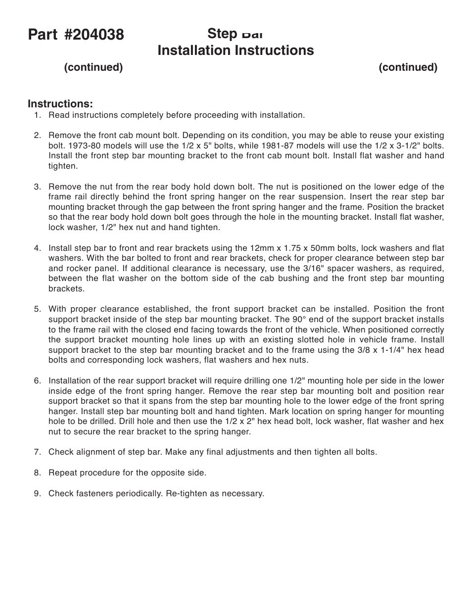 Step bar installation instructions | Aries Automotive 204038 User Manual | Page 2 / 2