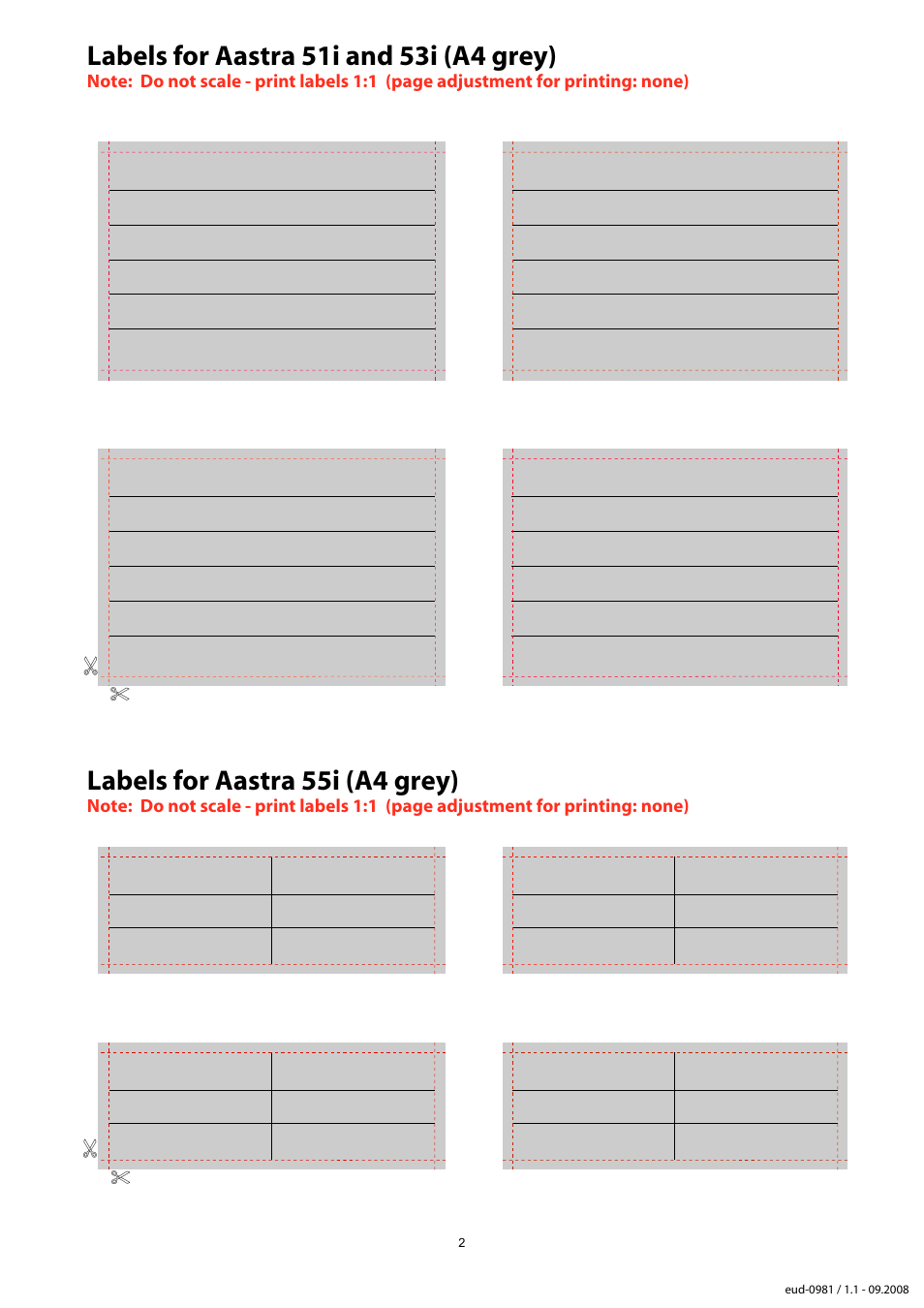 Labels for aastra 51i, 53i, 55i (a4 grey), Labels for aastra 51i, 53i and aastra 55i (grey), Labels for aastra 55i (a4 grey) | Aastra Telecom Aastra 5xi User Manual | Page 3 / 9