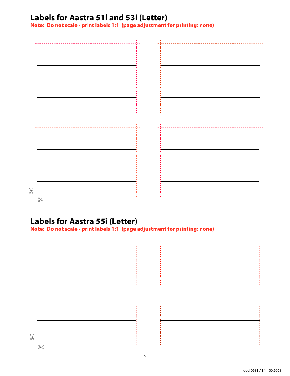 Labels for aastra 51i, 53i, 55i (letter), Labels for aastra 51i, 53i and aastra 55i, Labels for aastra 55i (letter) | Labels for aastra 51i and 53i (letter) | Aastra Telecom Aastra 5xi User Manual | Page 6 / 9