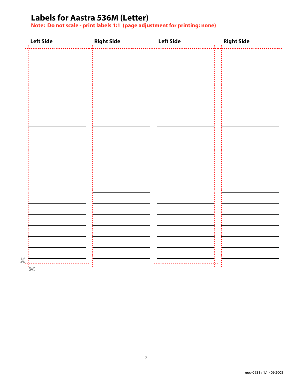 Labels for aastra 536m (letter), Labels for aastra 536m | Aastra Telecom Aastra 5xi User Manual | Page 8 / 9