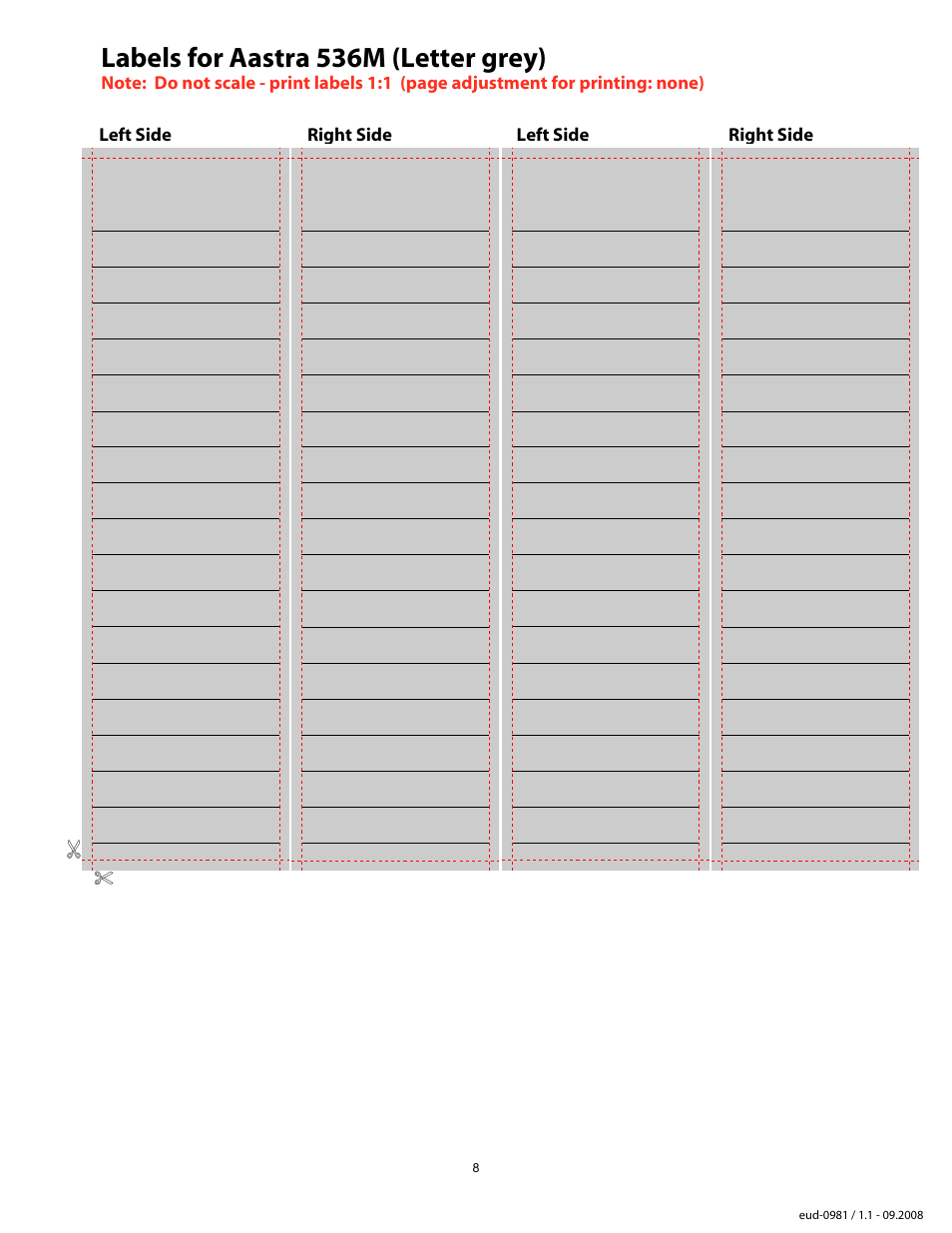 Labels for aastra 536m (letter grey), Labels for aastra 536m (grey) | Aastra Telecom Aastra 5xi User Manual | Page 9 / 9
