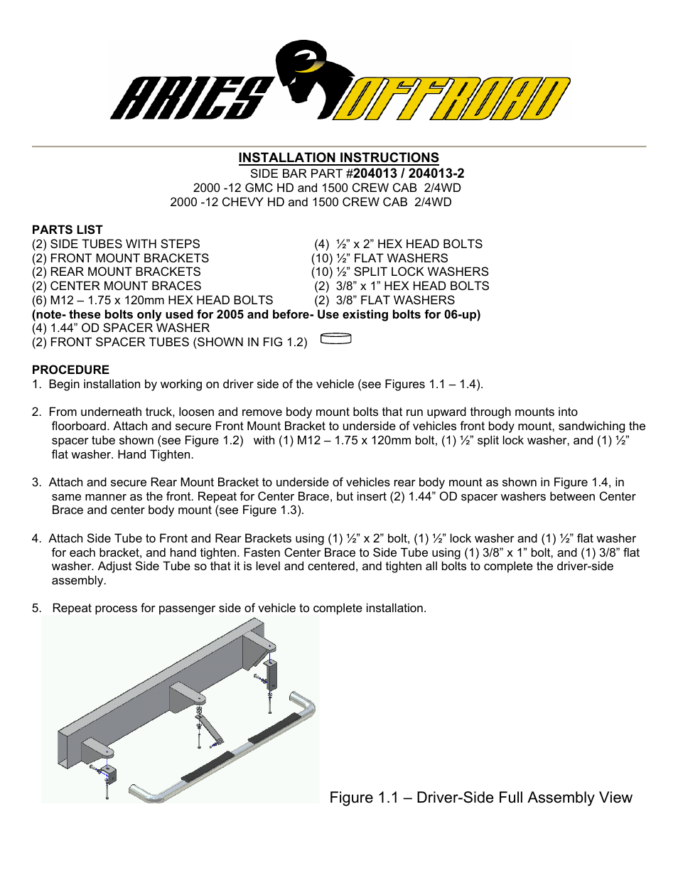 Aries Automotive 204013 User Manual | 3 pages