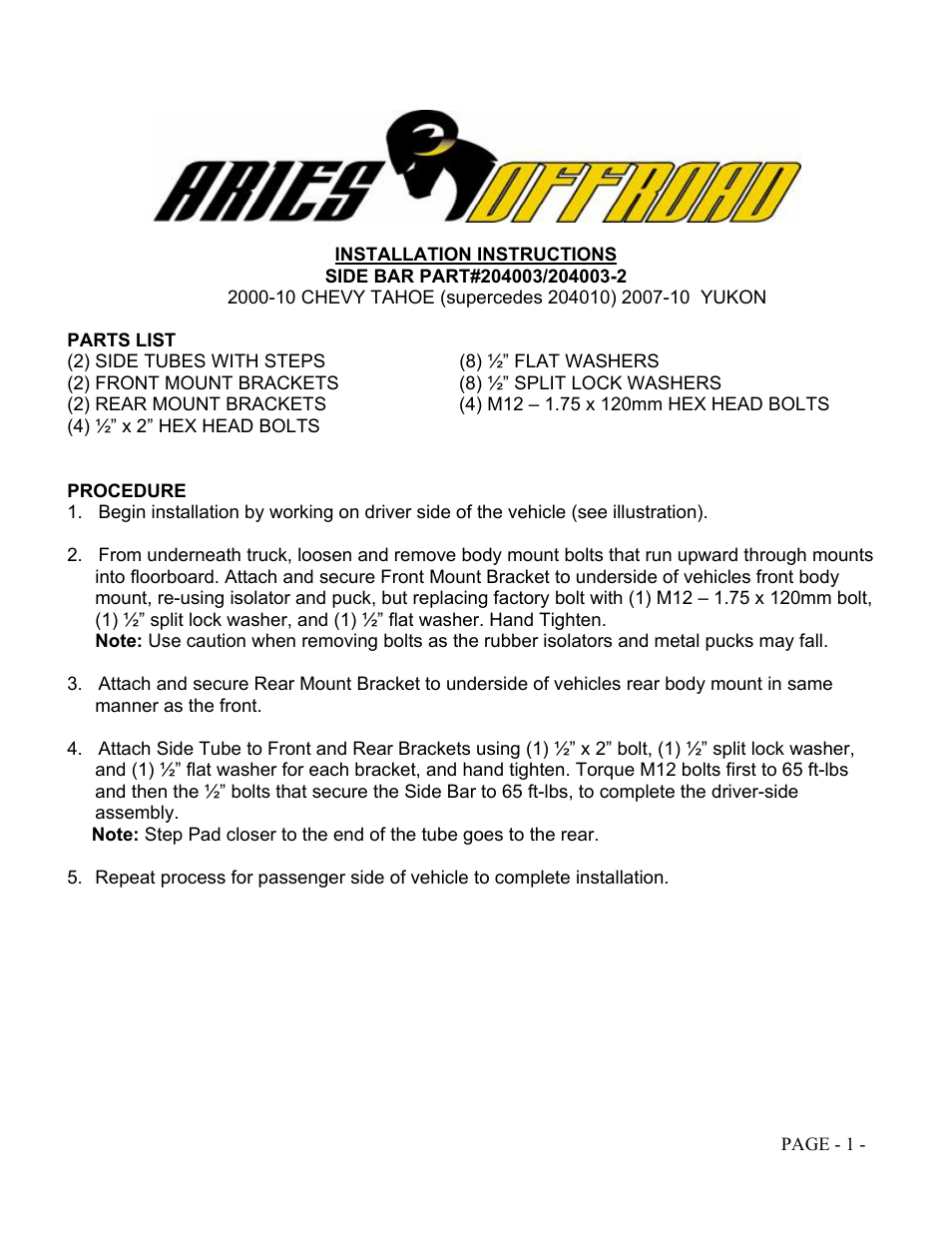 Aries Automotive 204003 User Manual | 3 pages